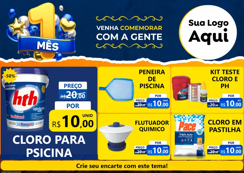 Modelo de Encarte para Encarte A4 Horizontal com o tema Um Mês de Aniversário para Produtos para Piscina
