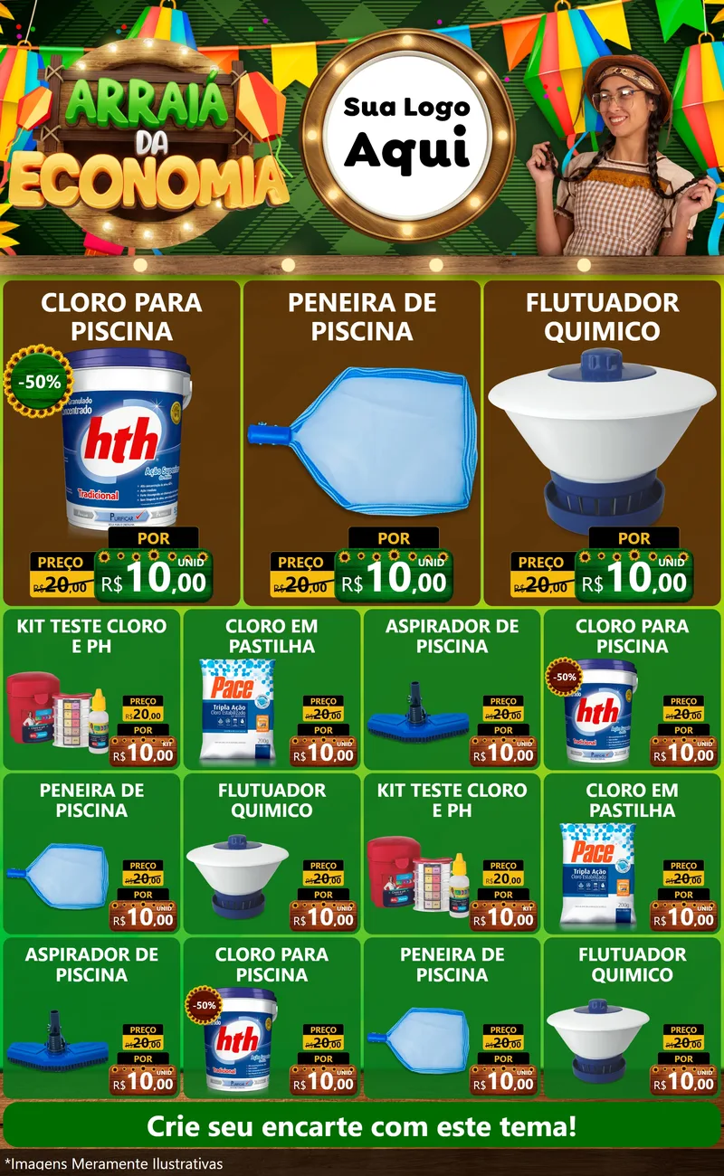 Modelo de Encarte para Encarte Grande com o tema Arraiá de Economia para Produtos para Piscina
