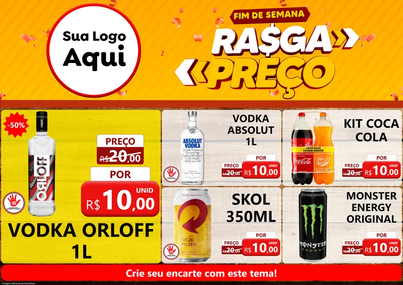 Modelo de Encarte para Encarte A4 Horizontal com o tema Fim de Semana Rasga Preços para Distribuidora de bebidas