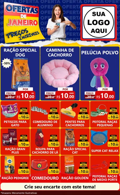 Modelo de Encarte para Encarte Grande com o tema Ofertas de Janeiro - Preços Incríveis para Pet Shop