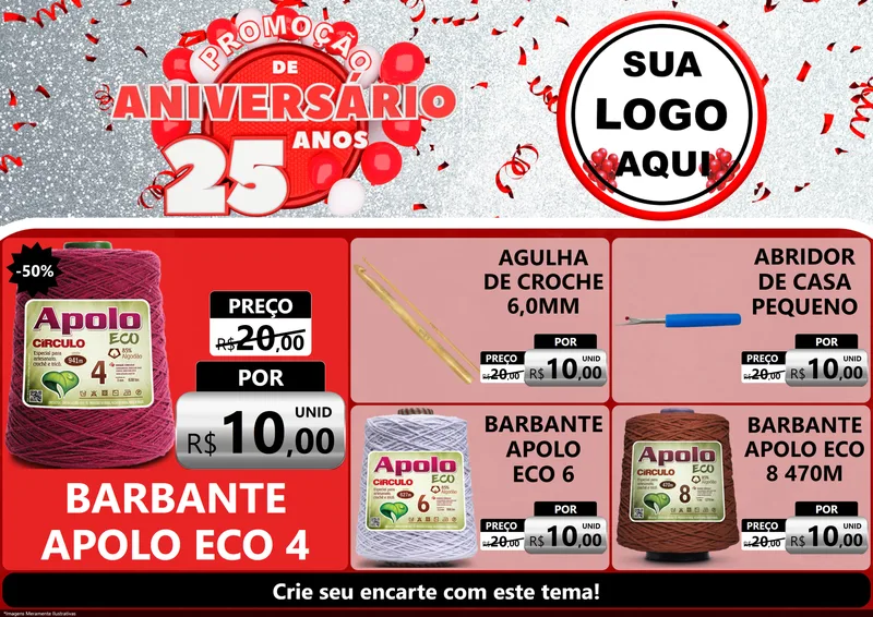 Modelo de Encarte para Encarte A4 Horizontal com o tema Promoção de Aniversário - 25Anos para Armarinho e Aviamentos