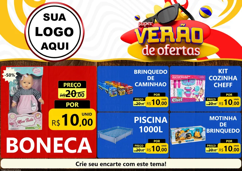 Modelo de Encarte para Encarte A4 Horizontal com o tema Super Verão de Ofertas para Brinquedos