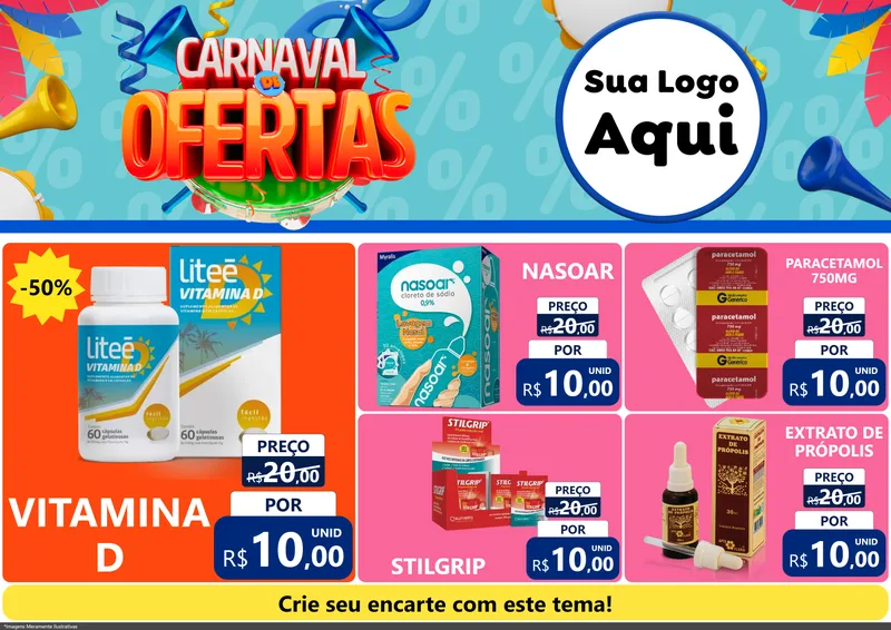 Modelo de Encarte para Encarte A4 Horizontal com o tema Carnaval de Ofertas para Farmácia