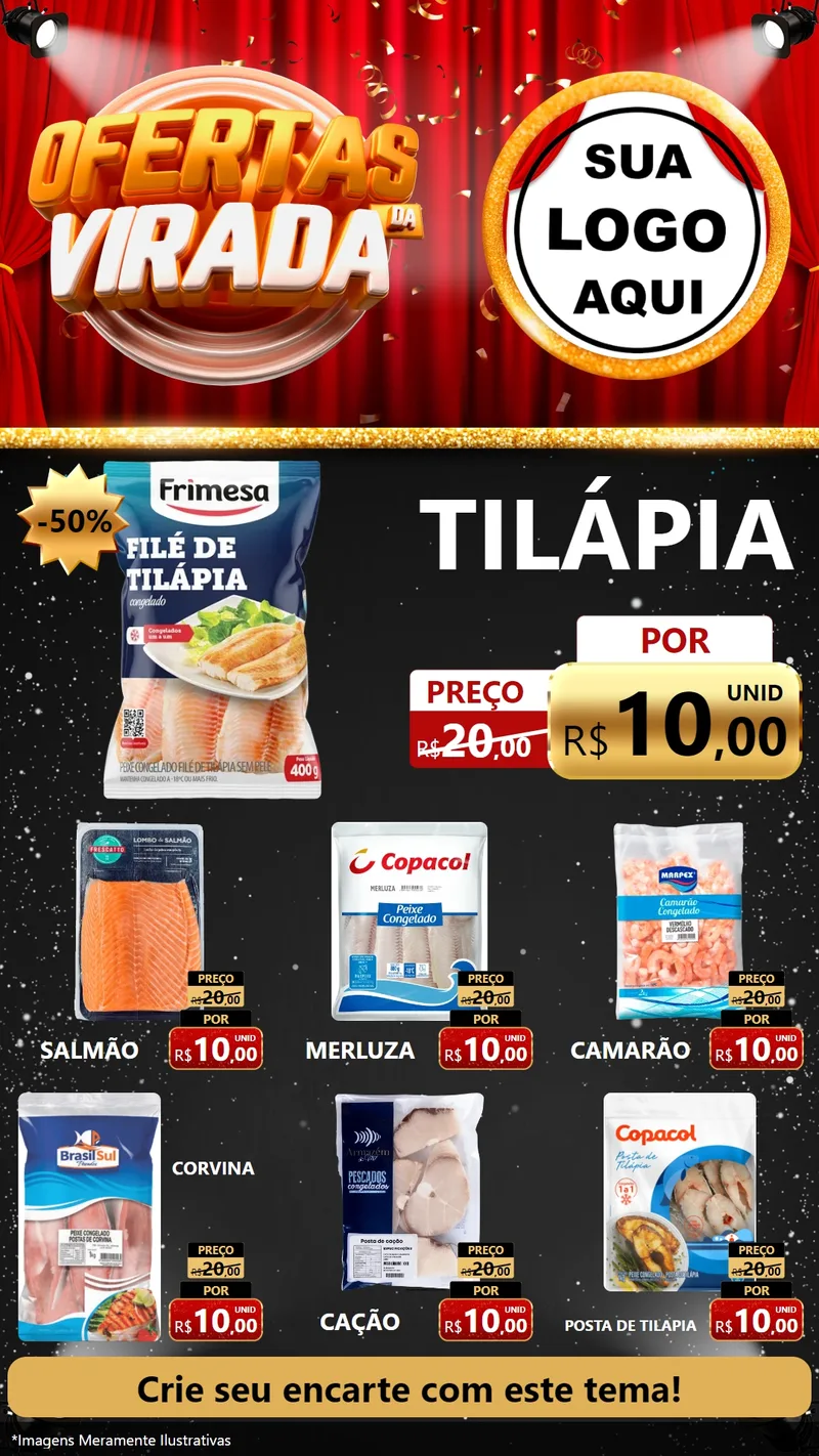 Modelo de Rede Social para Stories com o tema Ofertas da Virada para Peixaria