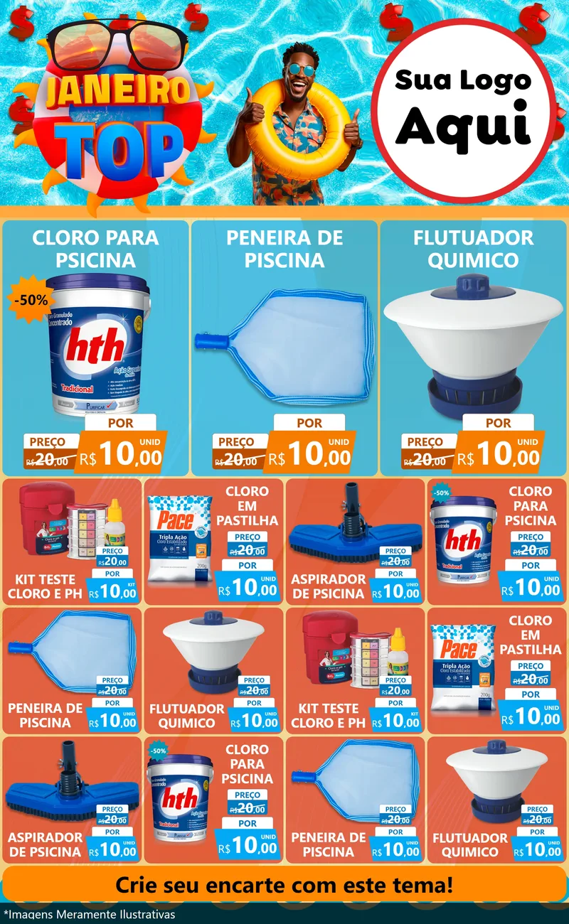 Modelo de Encarte para Encarte Grande com o tema Janeiro Top para Produtos para Piscina