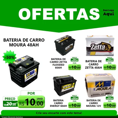 Modelo de Rede Social para Feed Facebook com o tema Ofertas Verde Cartaz para Baterias Elétricas