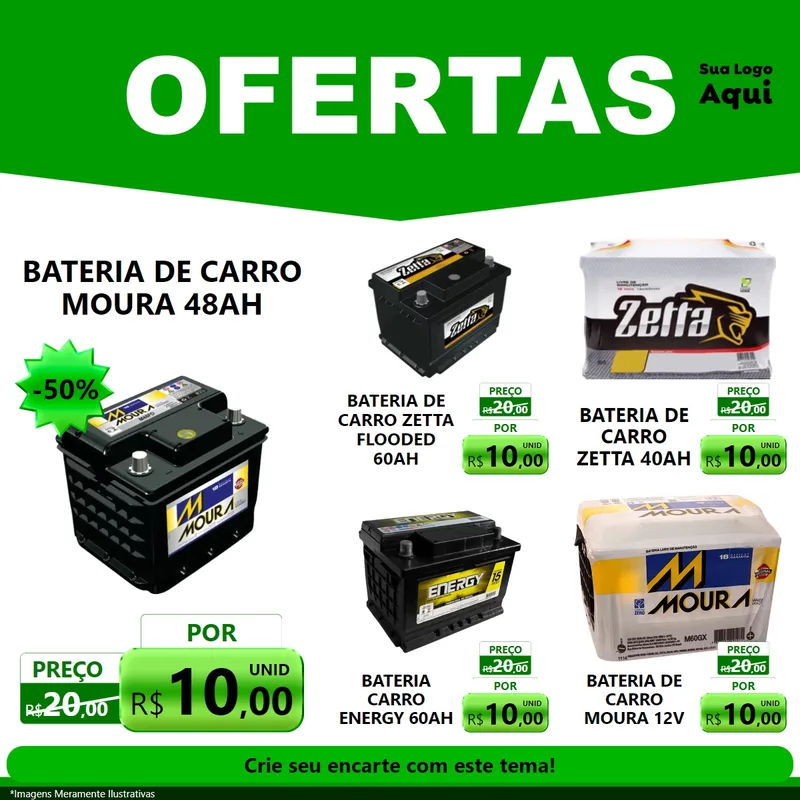 Modelo de Rede Social para Feed Facebook com o tema Ofertas Verde Cartaz para Baterias Elétricas