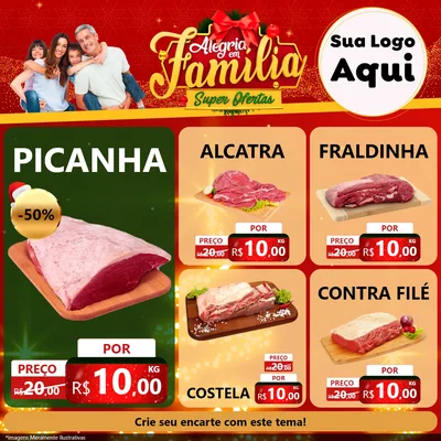 Modelo de Rede Social para Feed Facebook com o tema Alegria em Família Super Ofertas - Natal para Açougue