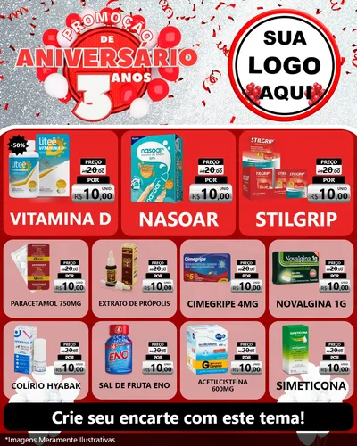 Modelo de Rede Social para Feed Instagram com o tema Promoção de Aniversário - 3 Anos para Farmácia