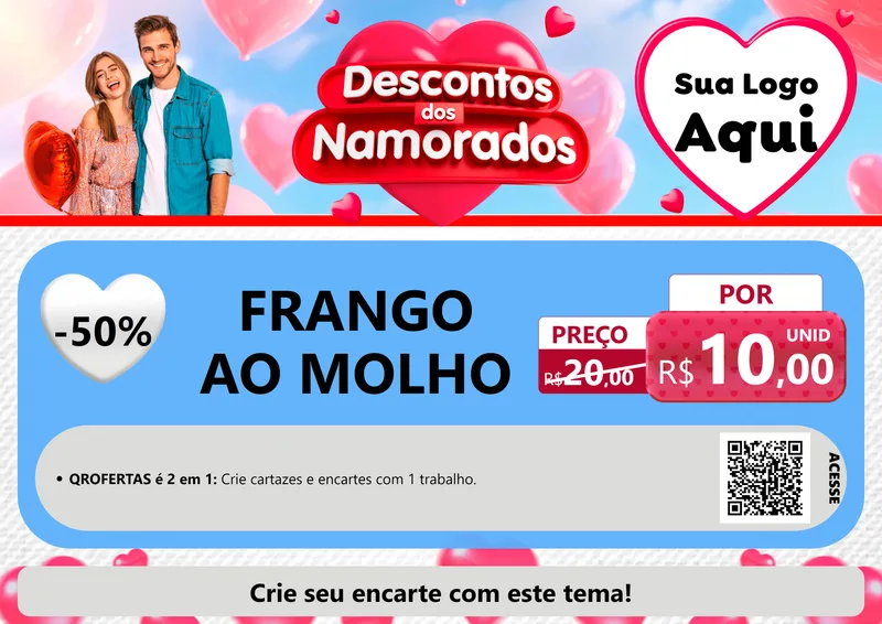 Modelo de Cartaz para Cartaz A4 Horizontal com o tema Descontos dos Namorados para Restaurante