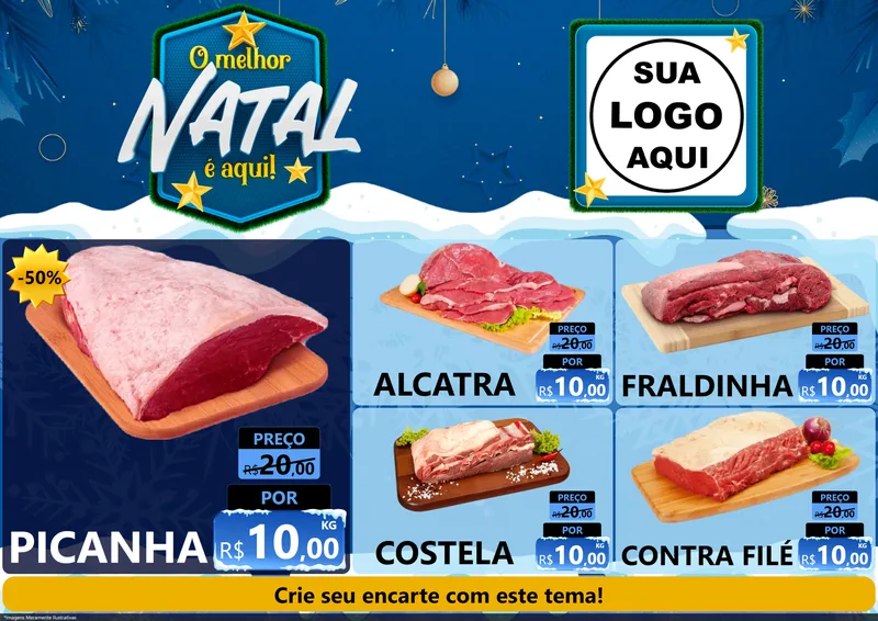 Modelo de Encarte para Encarte A4 Horizontal com o tema O Melhor Natal É Aqui! para Açougue