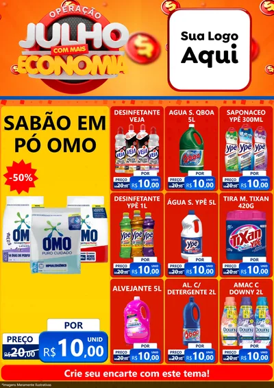 Modelo de Encarte para Encarte A4 Vertical com o tema Operação Julho Com Mais Economia para Produtos de Limpeza