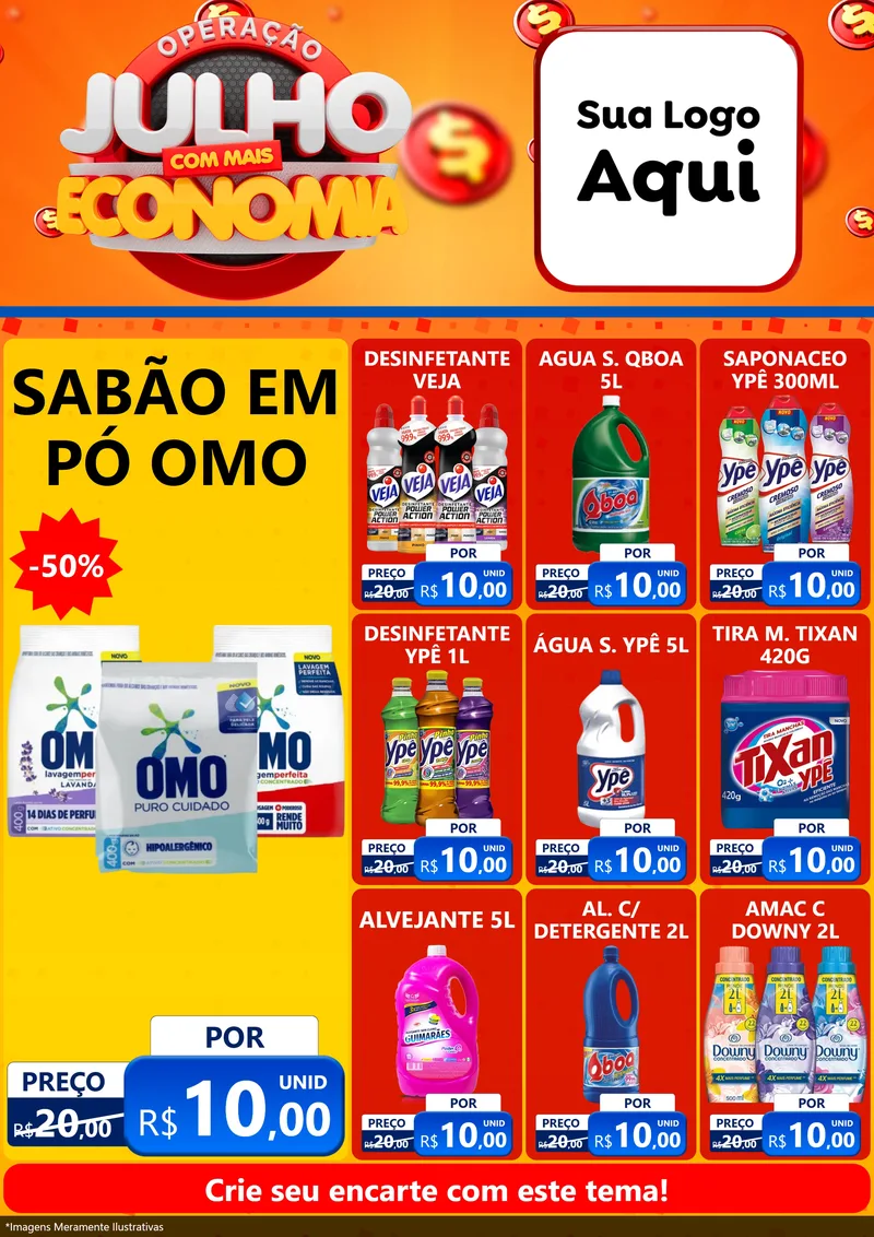 Modelo de Encarte para Encarte A4 Vertical com o tema Operação Julho Com Mais Economia para Produtos de Limpeza
