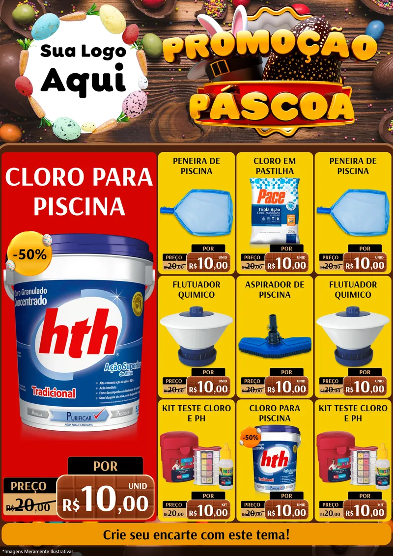 Modelo de Encarte para Encarte A4 Vertical com o tema Promoção Páscoa para Produtos para Piscina