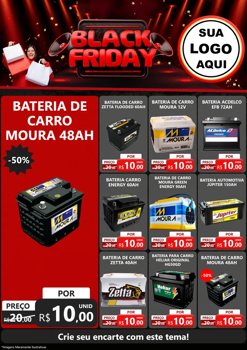 Modelo de Encarte para Encarte A4 Vertical com o tema Black Friday para Baterias Elétricas