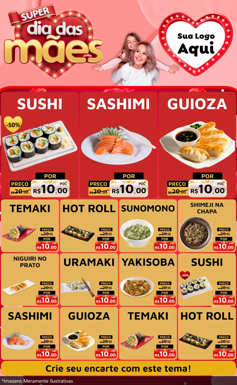Modelo de Encarte para Encarte Grande com o tema Super Dia Das Mães para Comida japonesa