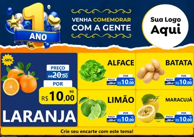 Modelo de Encarte para Encarte A4 Horizontal com o tema Um Ano de Aniversário para Hortifrúti
