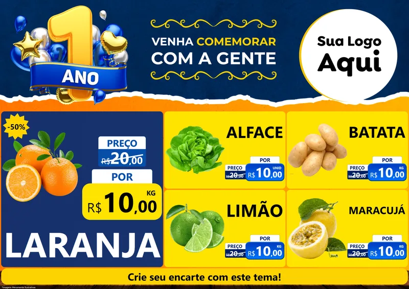 Modelo de Encarte para Encarte A4 Horizontal com o tema Um Ano de Aniversário para Hortifrúti
