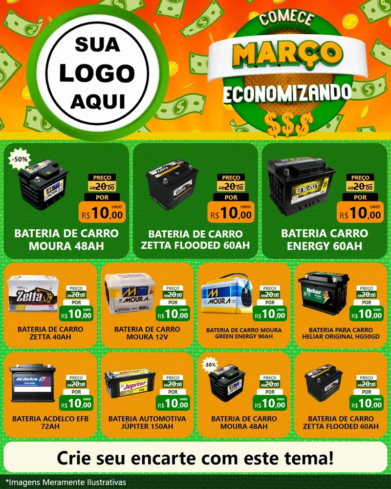 Modelo de Rede Social para Feed Instagram com o tema Comece Março Economizando para Baterias Elétricas