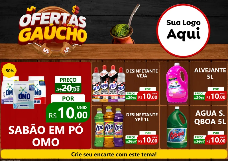 Modelo de Encarte para Encarte A4 Horizontal com o tema Ofertas Dia do Gaúcho para Produtos de Limpeza