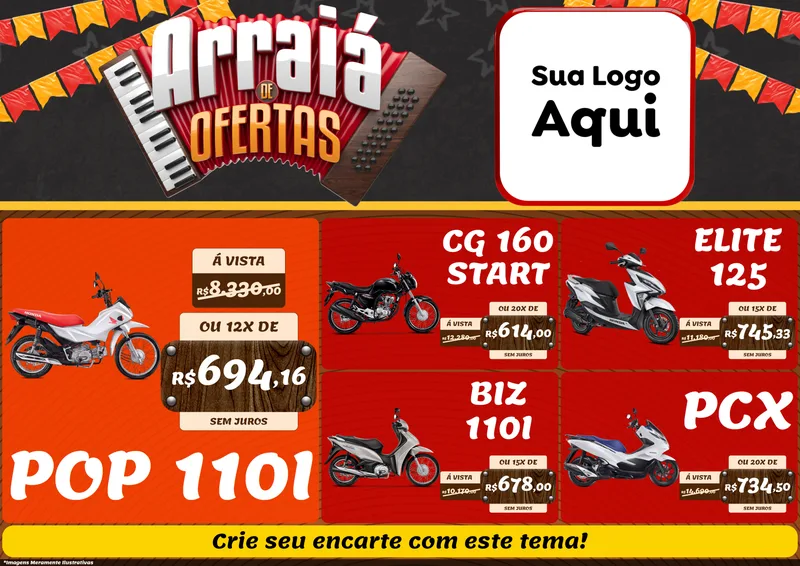 Modelo de Encarte para Encarte A4 Horizontal com o tema Arraiá de Ofertas - Junina para Concessionaria de Motos