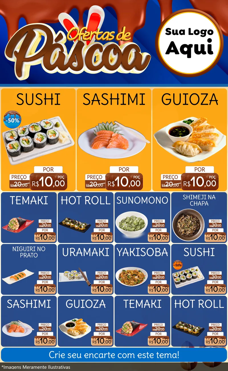 Modelo de Encarte para Encarte Grande com o tema Ofertas de Páscoa para Comida japonesa
