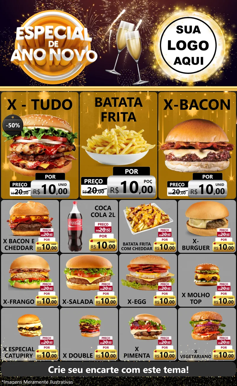 Modelo de Encarte para Encarte Grande com o tema Especial de Ano Novo para Hamburgueria
