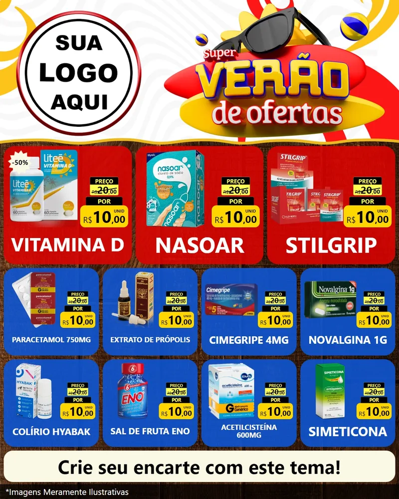 Modelo de Rede Social para Feed Instagram com o tema Super Verão de Ofertas para Farmácia