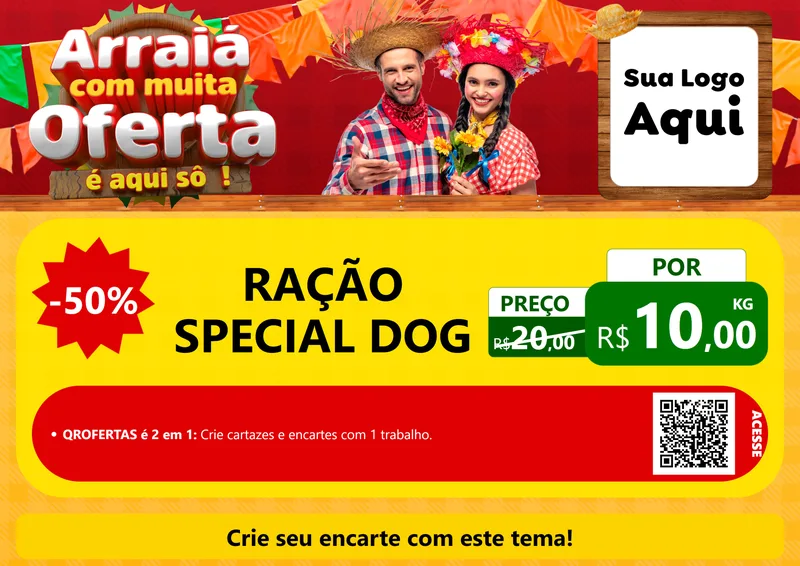 Modelo de Cartaz para Cartaz A4 Horizontal com o tema Arraiá Com Muita Oferta - É Aqui Sô! para Pet Shop