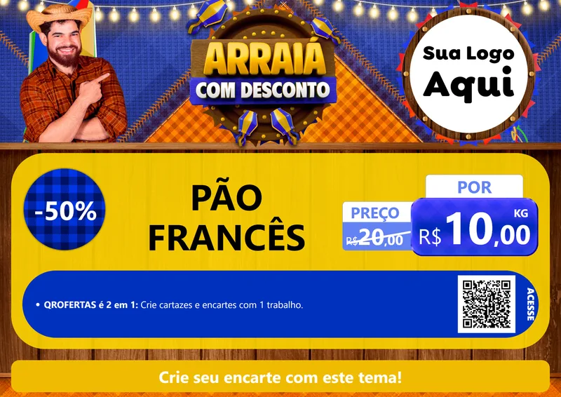 Modelo de Cartaz para Cartaz A4 Horizontal com o tema Arraiá Com Desconto para Padaria