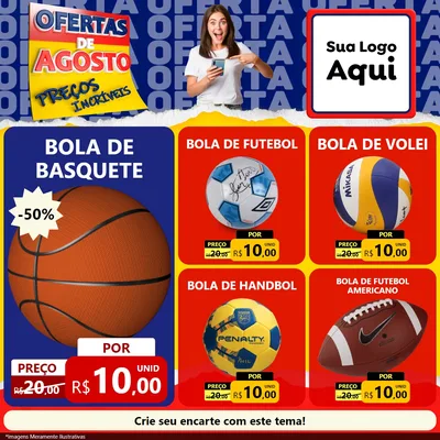 Modelo de Rede Social para Feed Facebook com o tema Ofertas de Agosto - Preços Incríveis para Artigos Esportivos