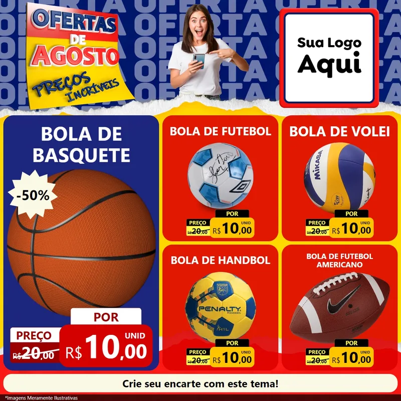 Modelo de Rede Social para Feed Facebook com o tema Ofertas de Agosto - Preços Incríveis para Artigos Esportivos
