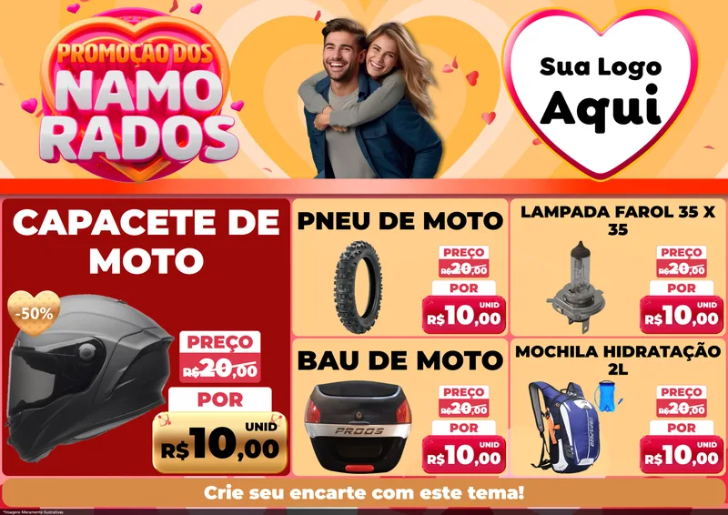 Modelo de Encarte para Encarte A4 Horizontal com o tema Promoção dos Namorados para Moto peças