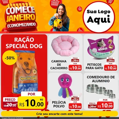 Modelo de Rede Social para Feed Facebook com o tema Comece Janeiro Economizando para Pet Shop