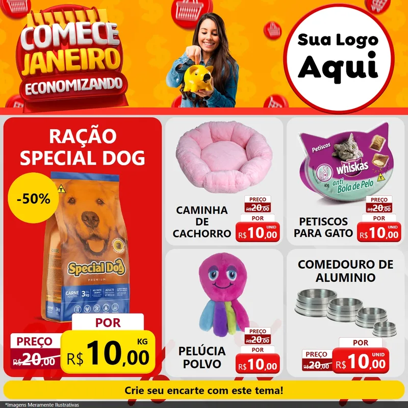 Modelo de Rede Social para Feed Facebook com o tema Comece Janeiro Economizando para Pet Shop