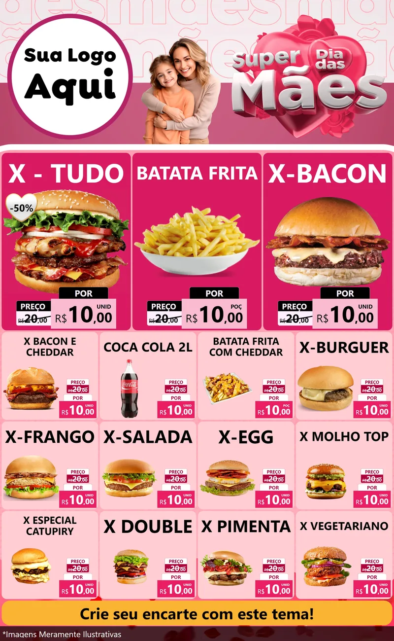 Modelo de Encarte para Encarte Grande com o tema Super Dia Das Mães para Hamburgueria