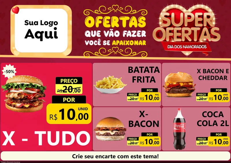 Modelo de Encarte para Encarte A4 Horizontal com o tema Dia dos Namorados para Hamburgueria