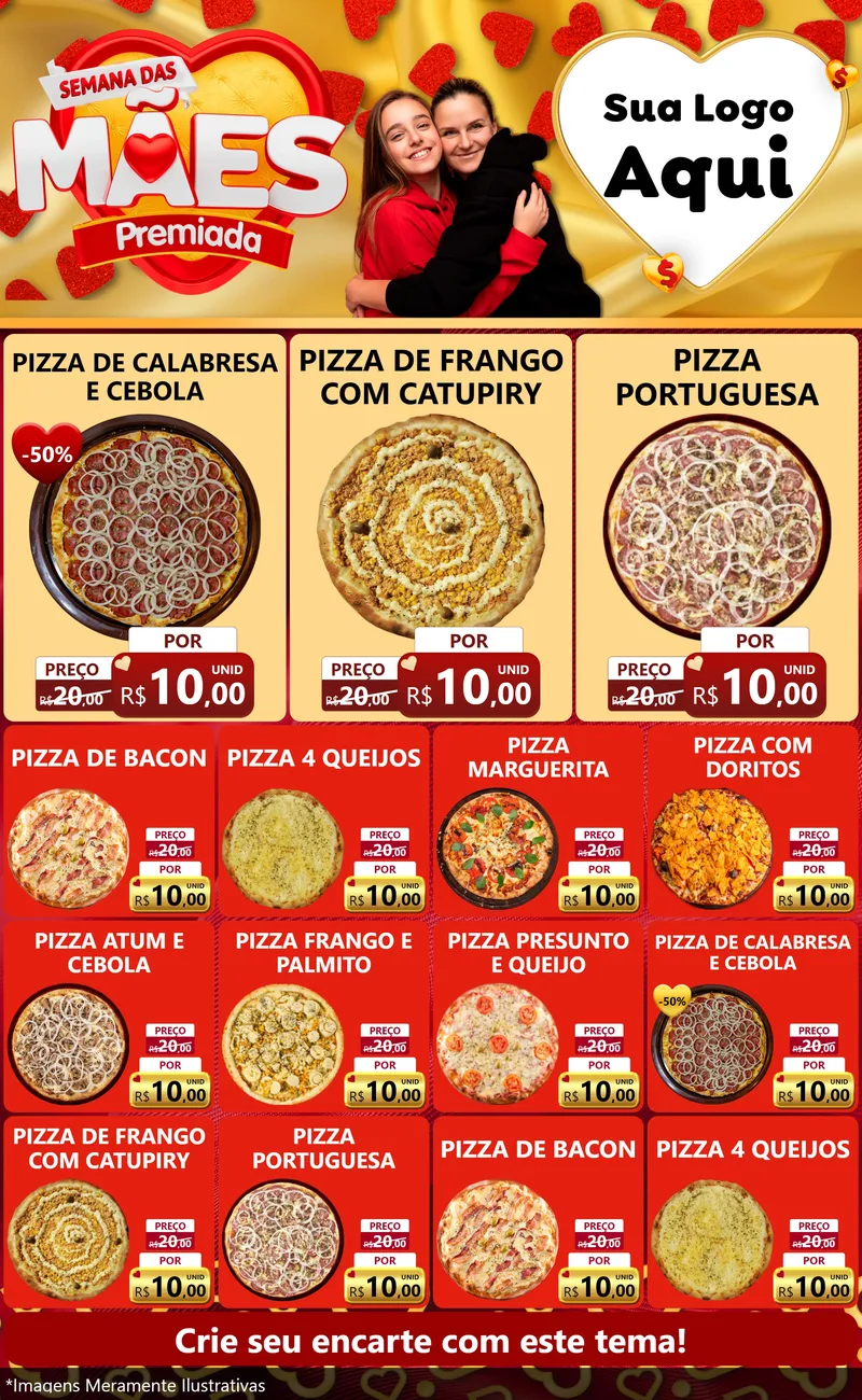 Modelo de Encarte para Encarte Grande com o tema Semana das Mães Premiada para Pizzaria