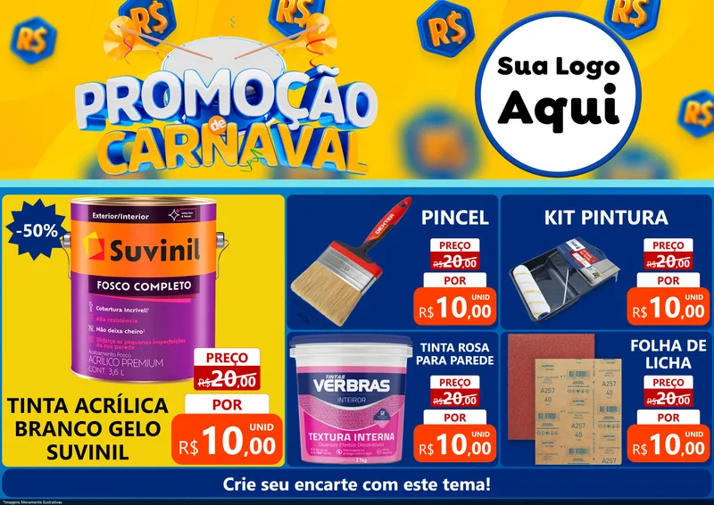 Modelo de Encarte para Encarte A4 Horizontal com o tema Promoção de Carnaval para Tintas e Ferramentas