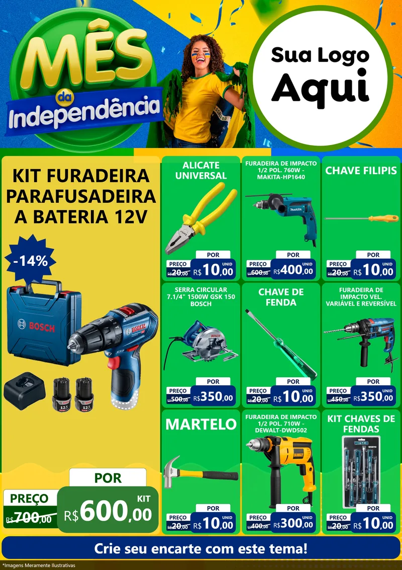 Modelo de Encarte para Encarte A4 Vertical com o tema Mês da Independência para Maquinas e Ferramentas