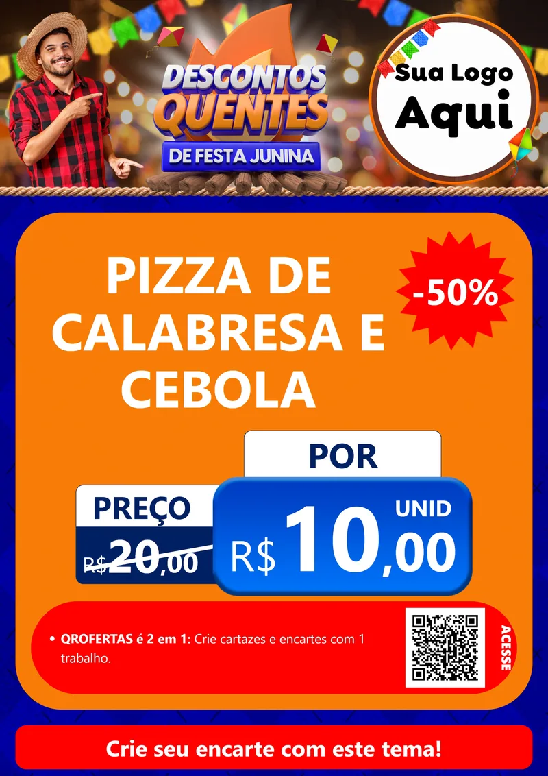 Modelo de Cartaz para Cartaz A4 Vertical com o tema Descontos Quentes de Festa Junina para Pizzaria