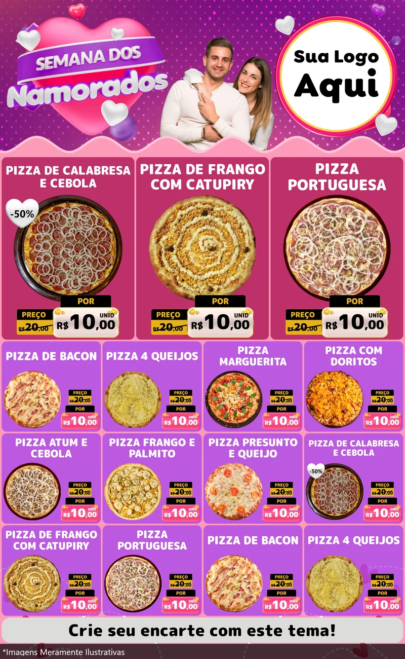 Modelo de Encarte para Encarte Grande com o tema Semana dos Namorados para Pizzaria