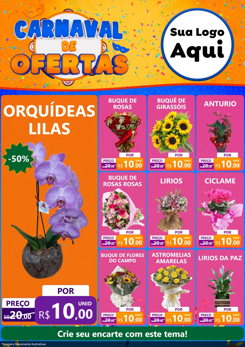 Modelo de Encarte para Encarte A4 Vertical com o tema Carnaval de Ofertas para Floricultura e jardim