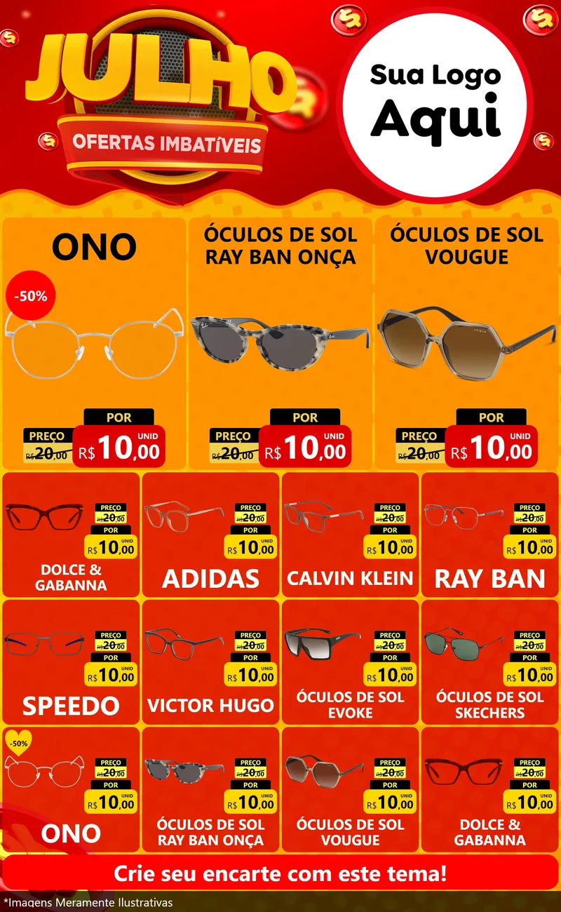 Modelo de Encarte para Encarte Grande com o tema Julho Ofertas Imbatíveis para Óticas
