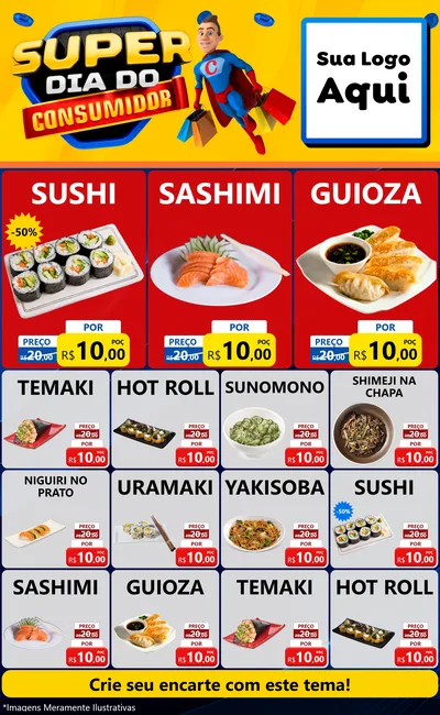 Modelo de Encarte para Encarte Grande com o tema Super Dia do Consumidor para Comida japonesa
