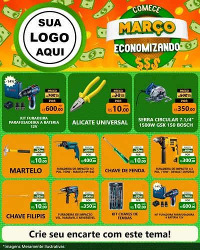 Modelo de Rede Social para Feed Instagram com o tema Comece Março Economizando para Maquinas e Ferramentas