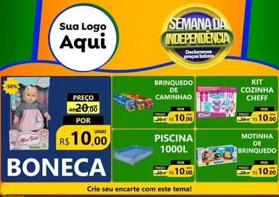 Modelo de Encarte para Encarte A4 Horizontal com o tema Semana da Independência Declaramos Preços Baixos para Brinquedos
