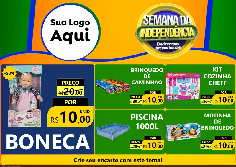 Modelo de Encarte para Encarte A4 Horizontal com o tema Semana da Independência Declaramos Preços Baixos para Brinquedos