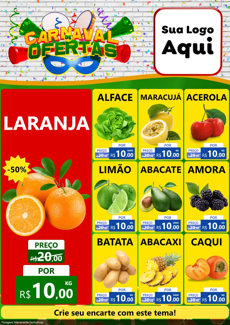 Modelo de Encarte para Encarte A4 Vertical com o tema Carnaval de Ofertas para Hortifrúti