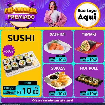 Modelo de Rede Social para Feed Facebook com o tema Pré-Carnaval Premiado para Comida japonesa